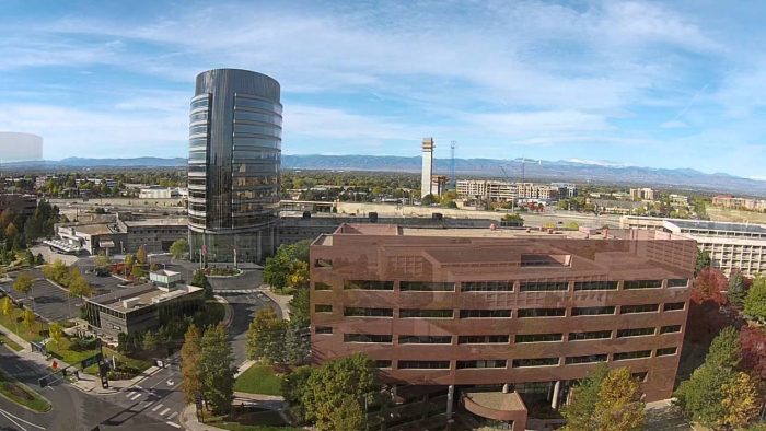 This drone flight shows views in all directions at the bottom office floor and the top office floor.